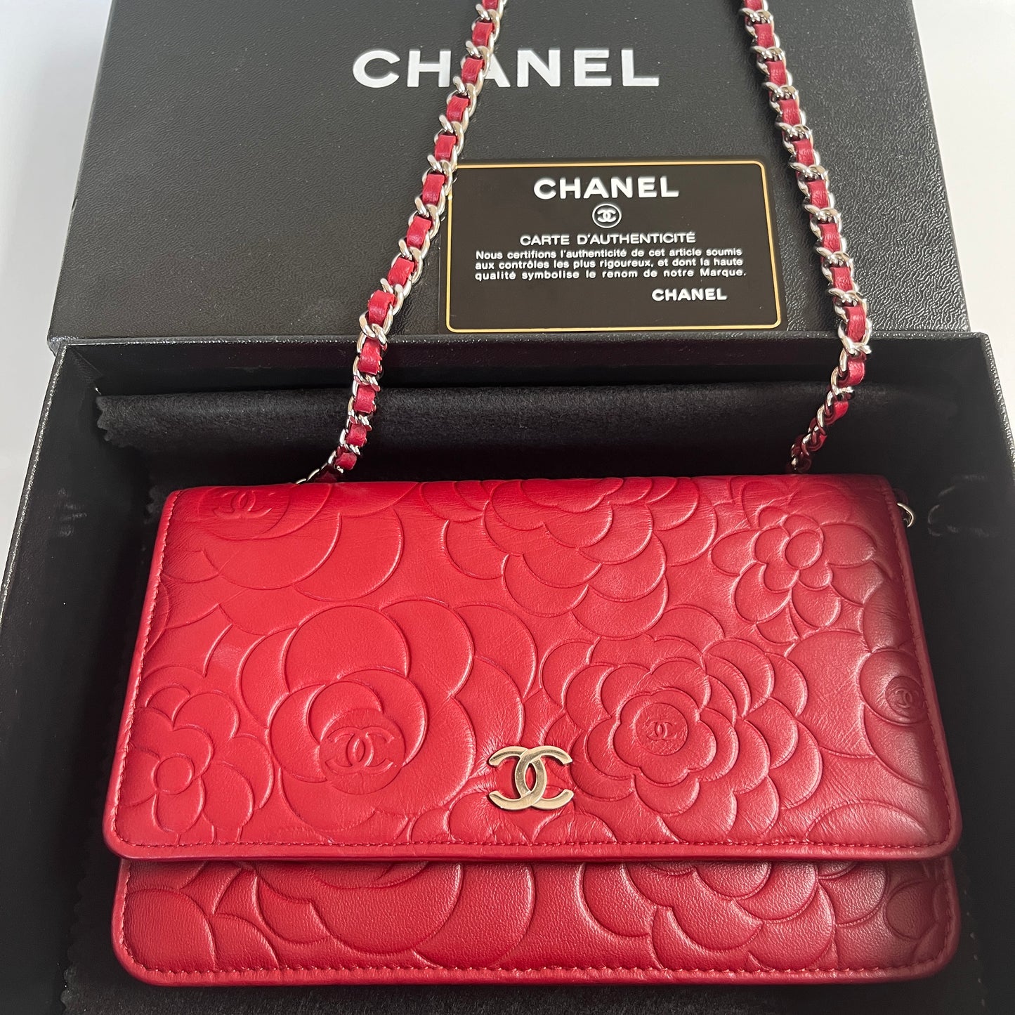 Chanel Red Camellia Lambskin Wallet On Chain