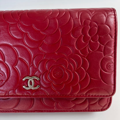 Chanel Red Camellia Lambskin Wallet On Chain