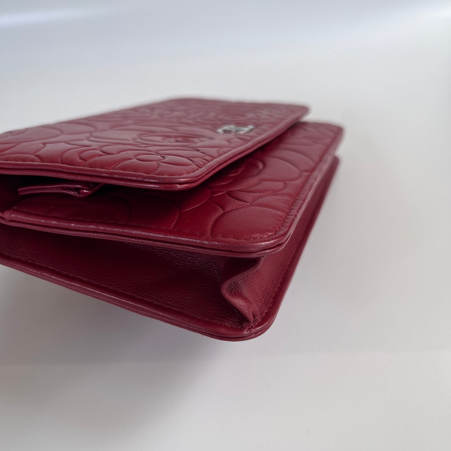Chanel Red Camellia Lambskin Wallet On Chain