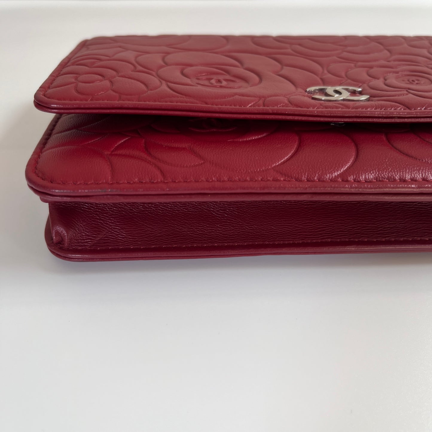 Chanel Red Camellia Lambskin Wallet On Chain