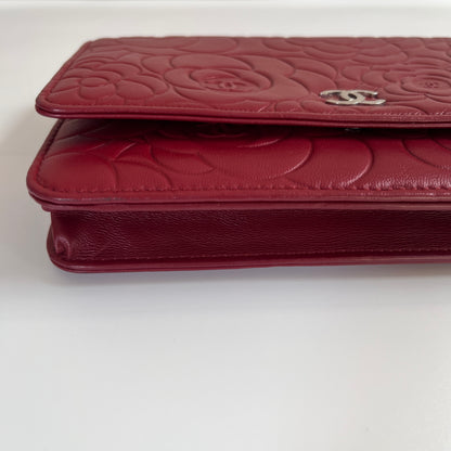 Chanel Red Camellia Lambskin Wallet On Chain