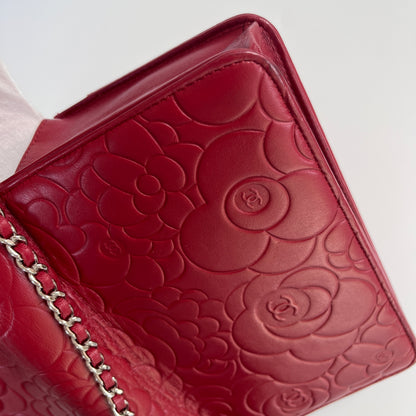 Chanel Red Camellia Lambskin Wallet On Chain