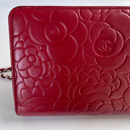 Chanel Red Camellia Lambskin Wallet On Chain