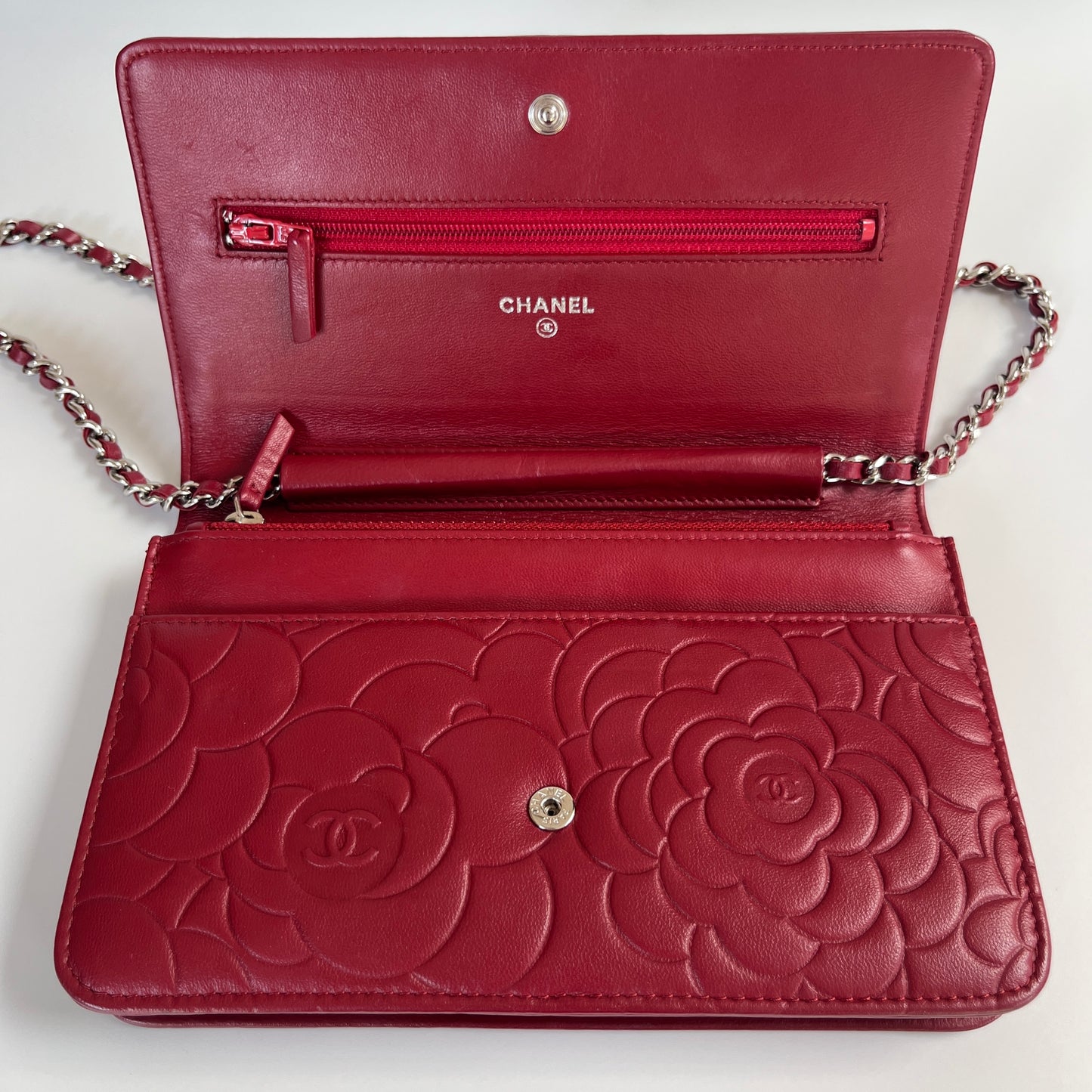 Chanel Red Camellia Lambskin Wallet On Chain