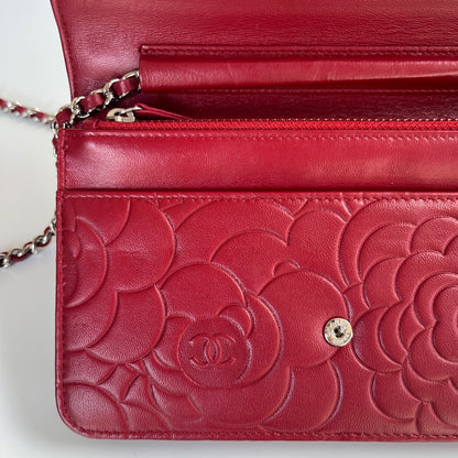 Chanel Red Camellia Lambskin Wallet On Chain