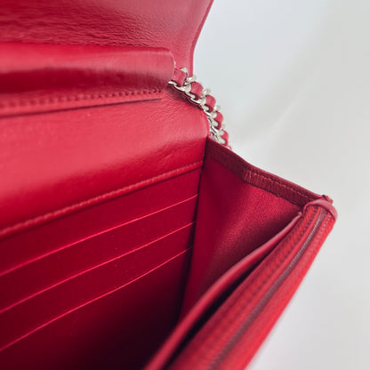 Chanel Red Camellia Lambskin Wallet On Chain