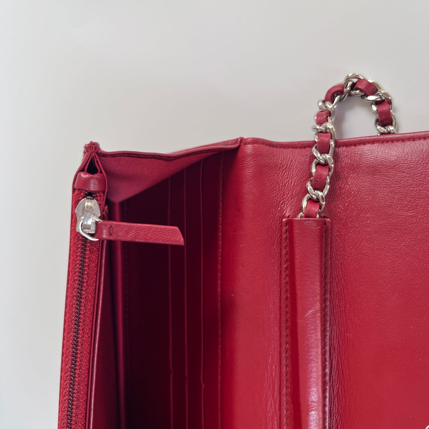 Chanel Red Camellia Lambskin Wallet On Chain