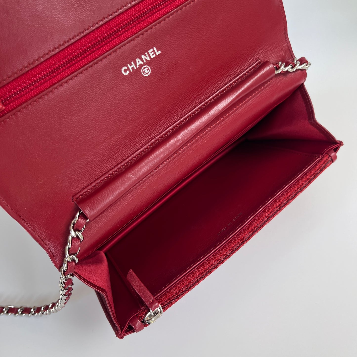 Chanel Red Camellia Lambskin Wallet On Chain