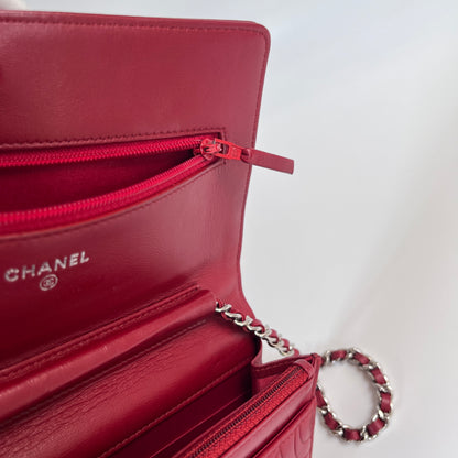 Chanel Red Camellia Lambskin Wallet On Chain