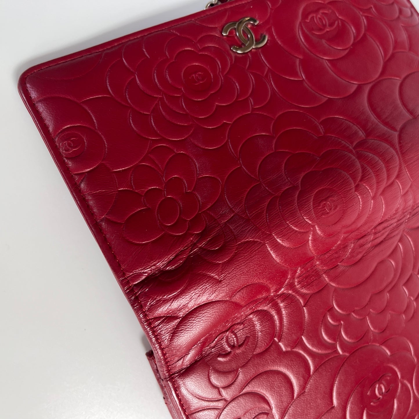 Chanel Red Camellia Lambskin Wallet On Chain