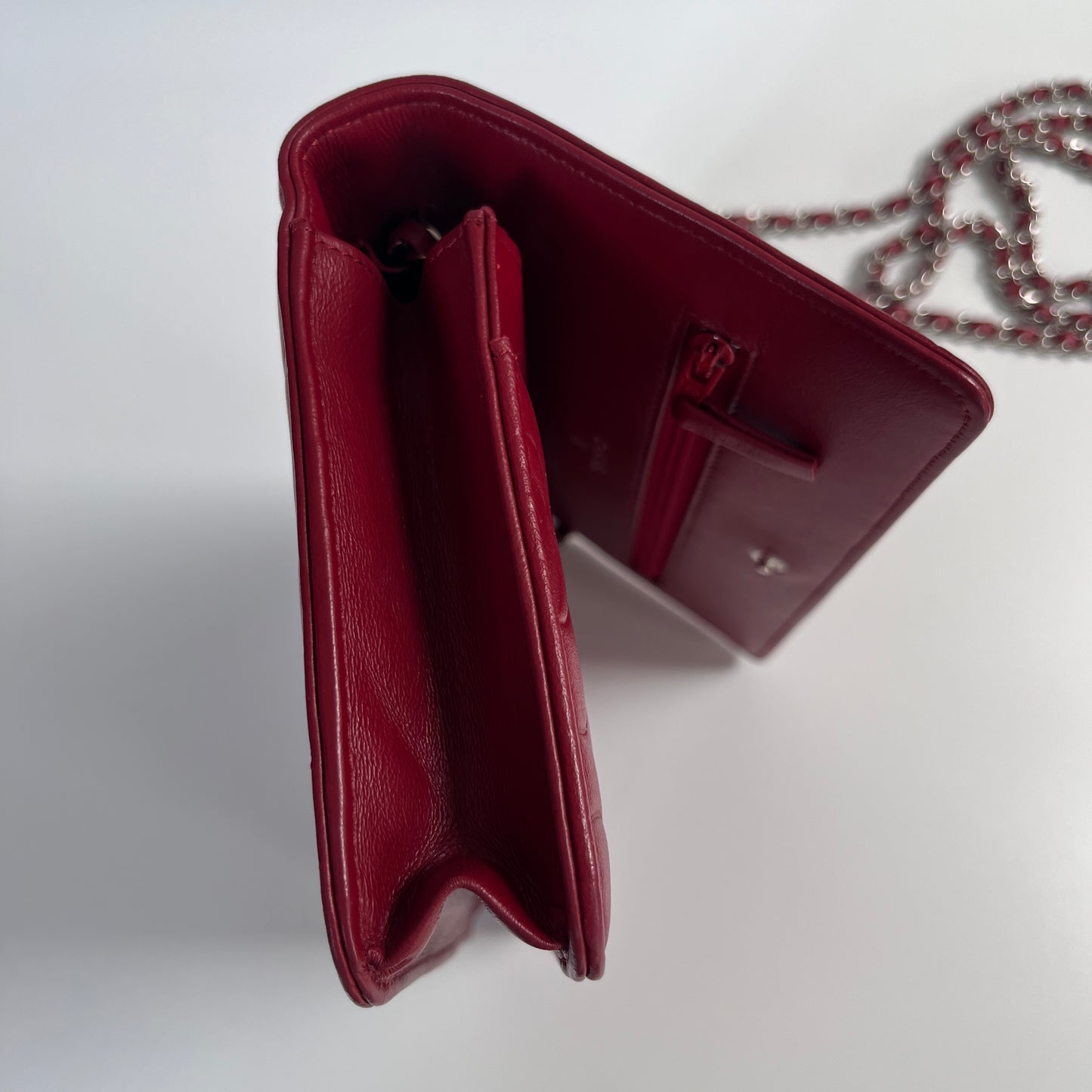 Chanel Red Camellia Lambskin Wallet On Chain