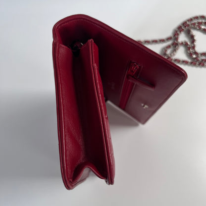 Chanel Red Camellia Lambskin Wallet On Chain