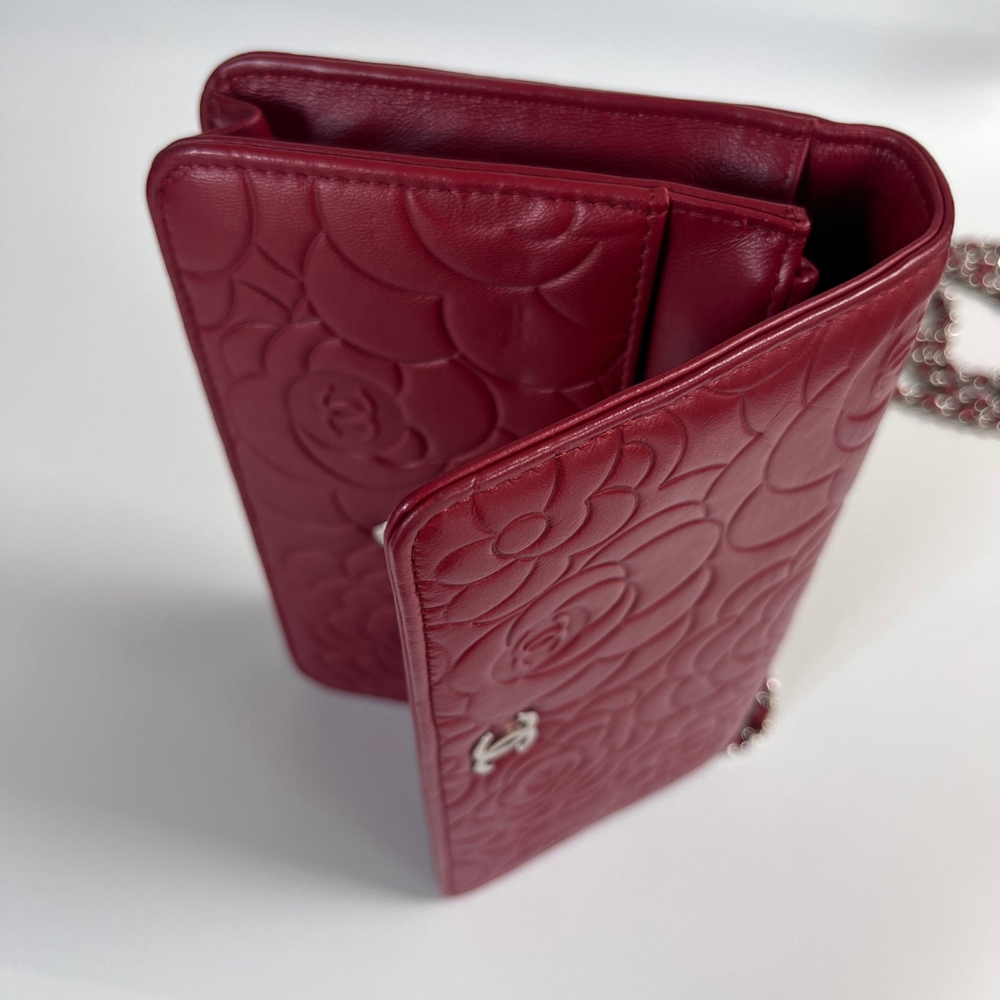 Chanel Red Camellia Lambskin Wallet On Chain