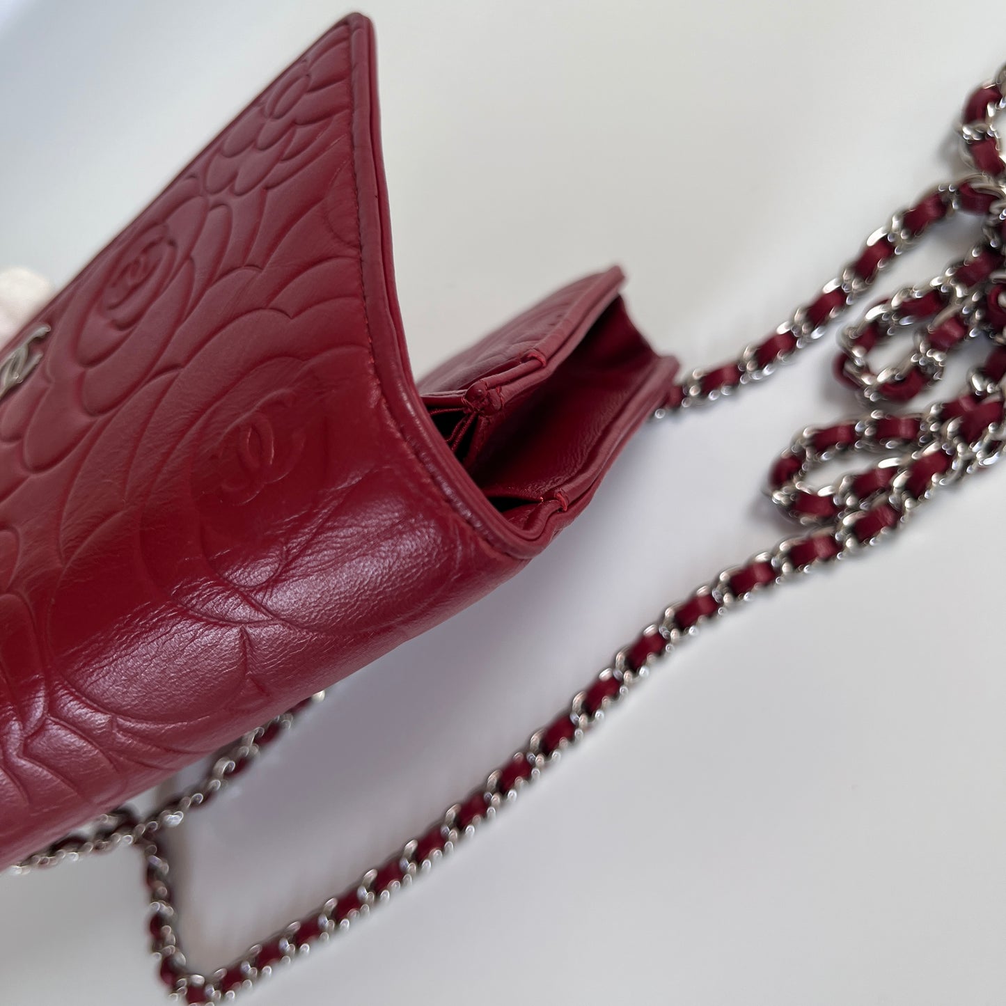 Chanel Red Camellia Lambskin Wallet On Chain