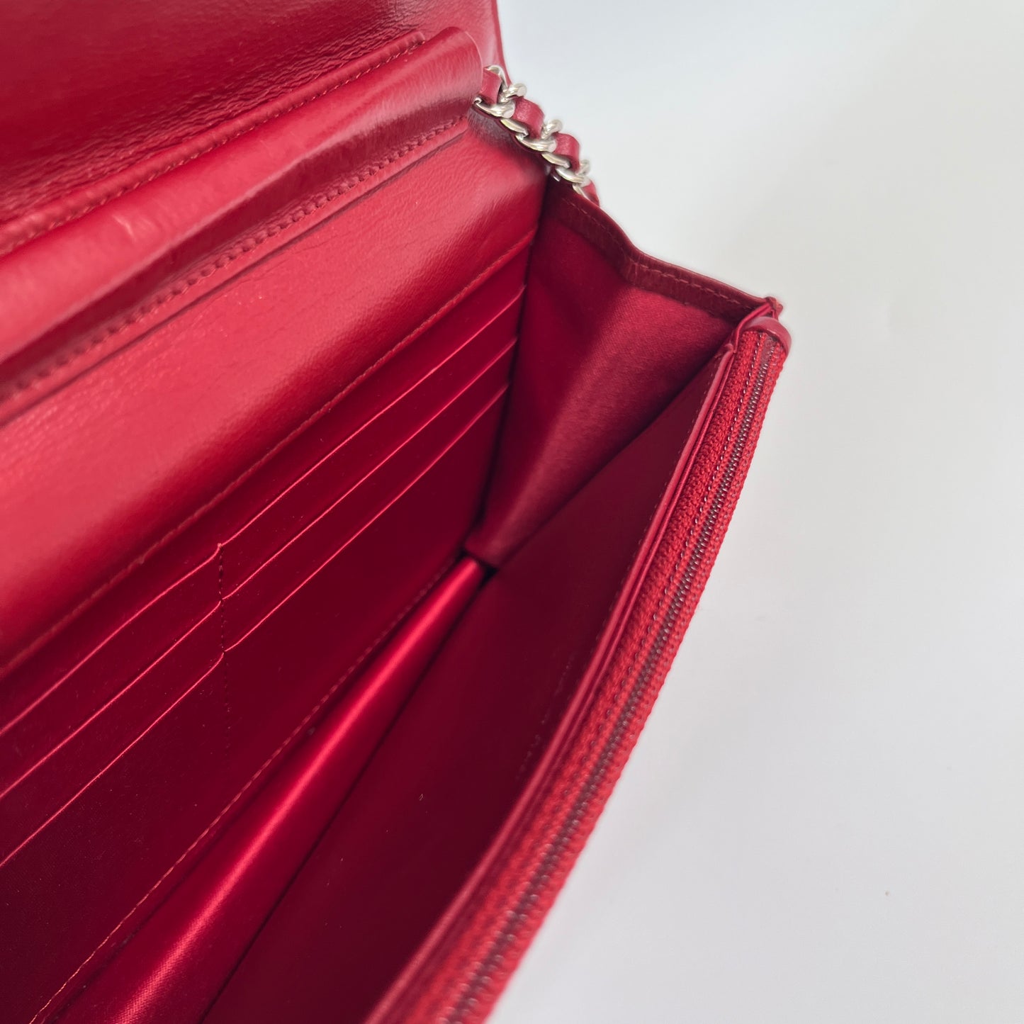 Chanel Red Camellia Lambskin Wallet On Chain