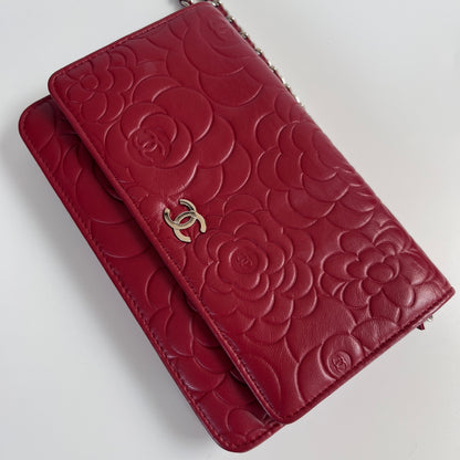 Chanel Red Camellia Lambskin Wallet On Chain