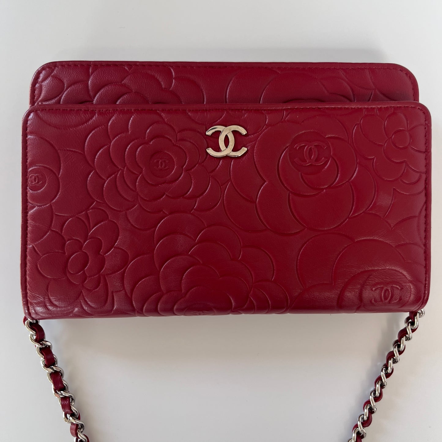 Chanel Red Camellia Lambskin Wallet On Chain