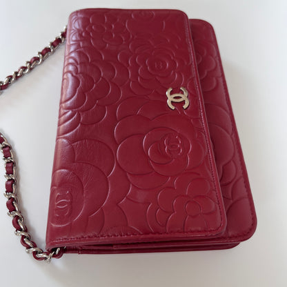 Chanel Red Camellia Lambskin Wallet On Chain