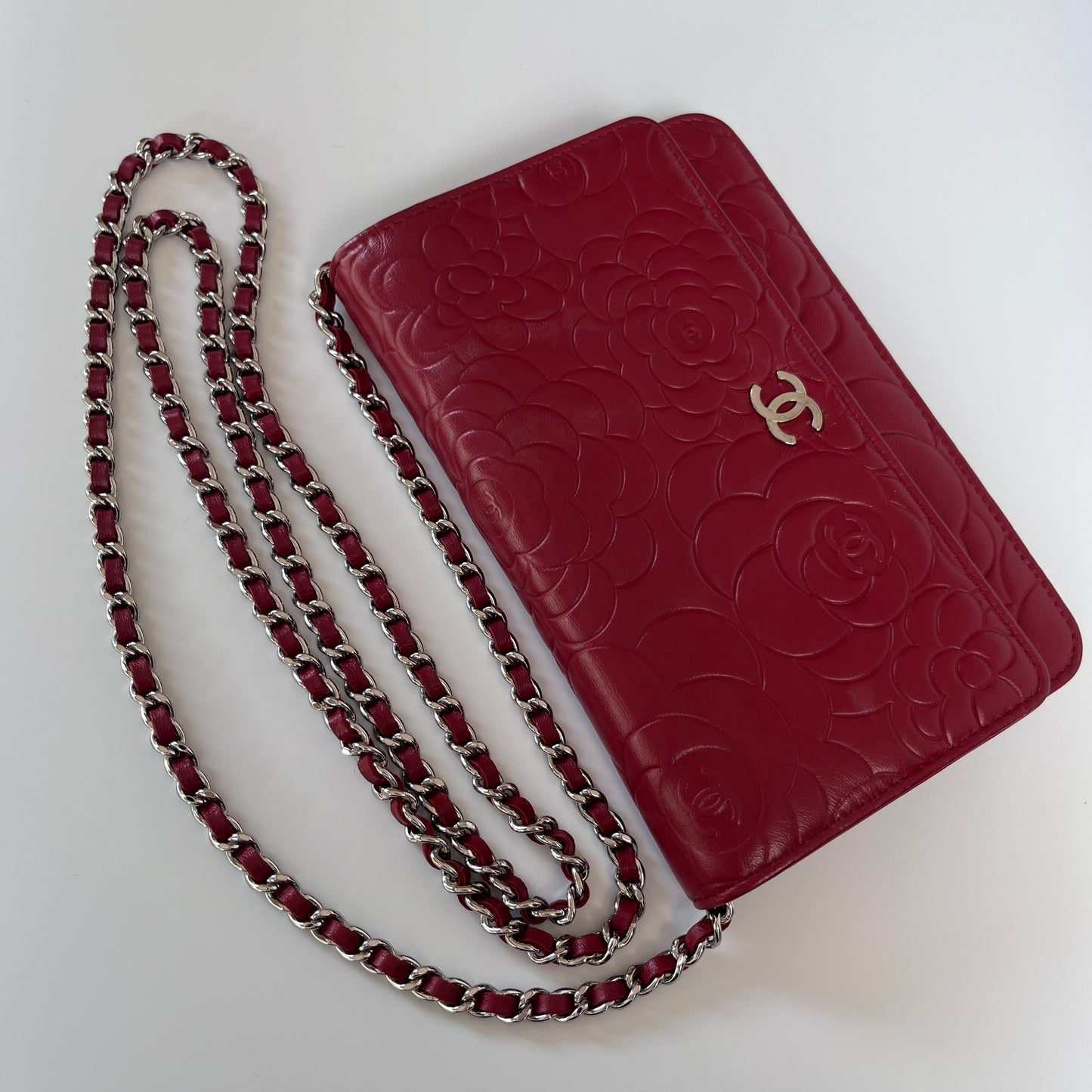 Chanel Red Camellia Lambskin Wallet On Chain