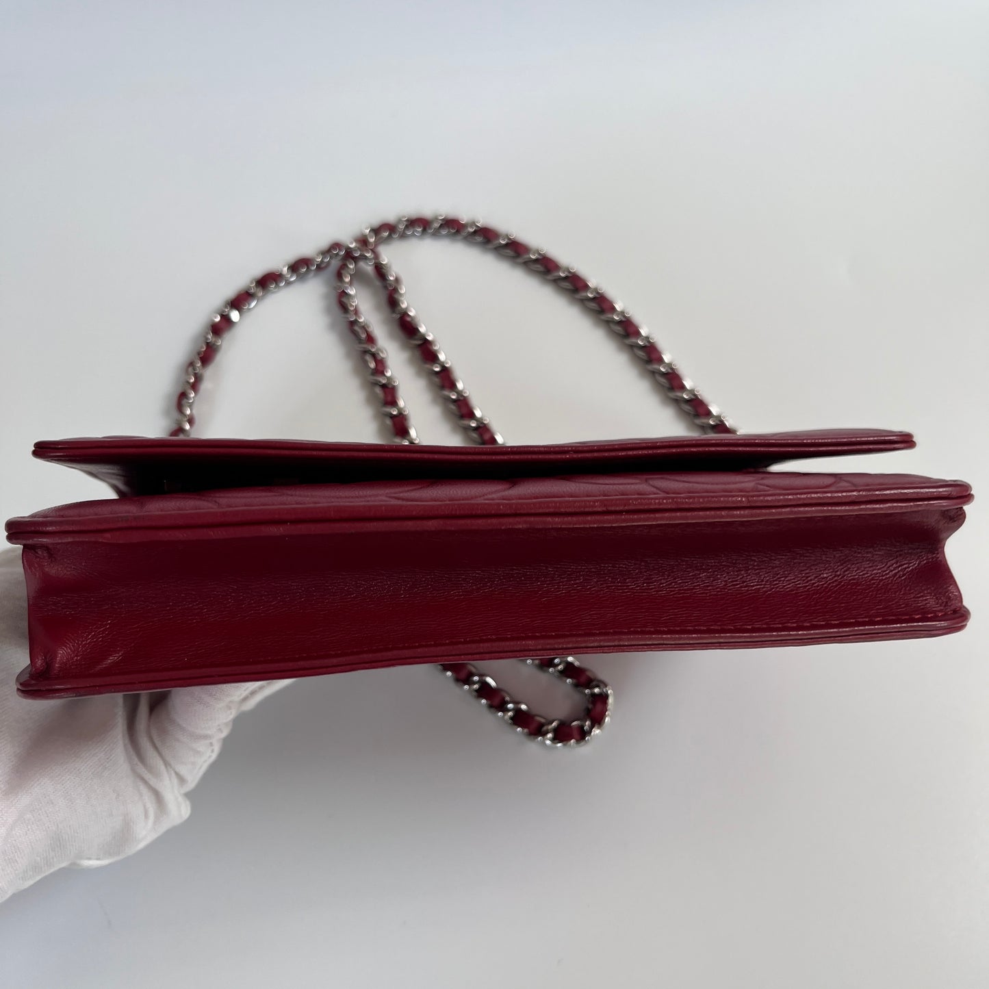 Chanel Red Camellia Lambskin Wallet On Chain