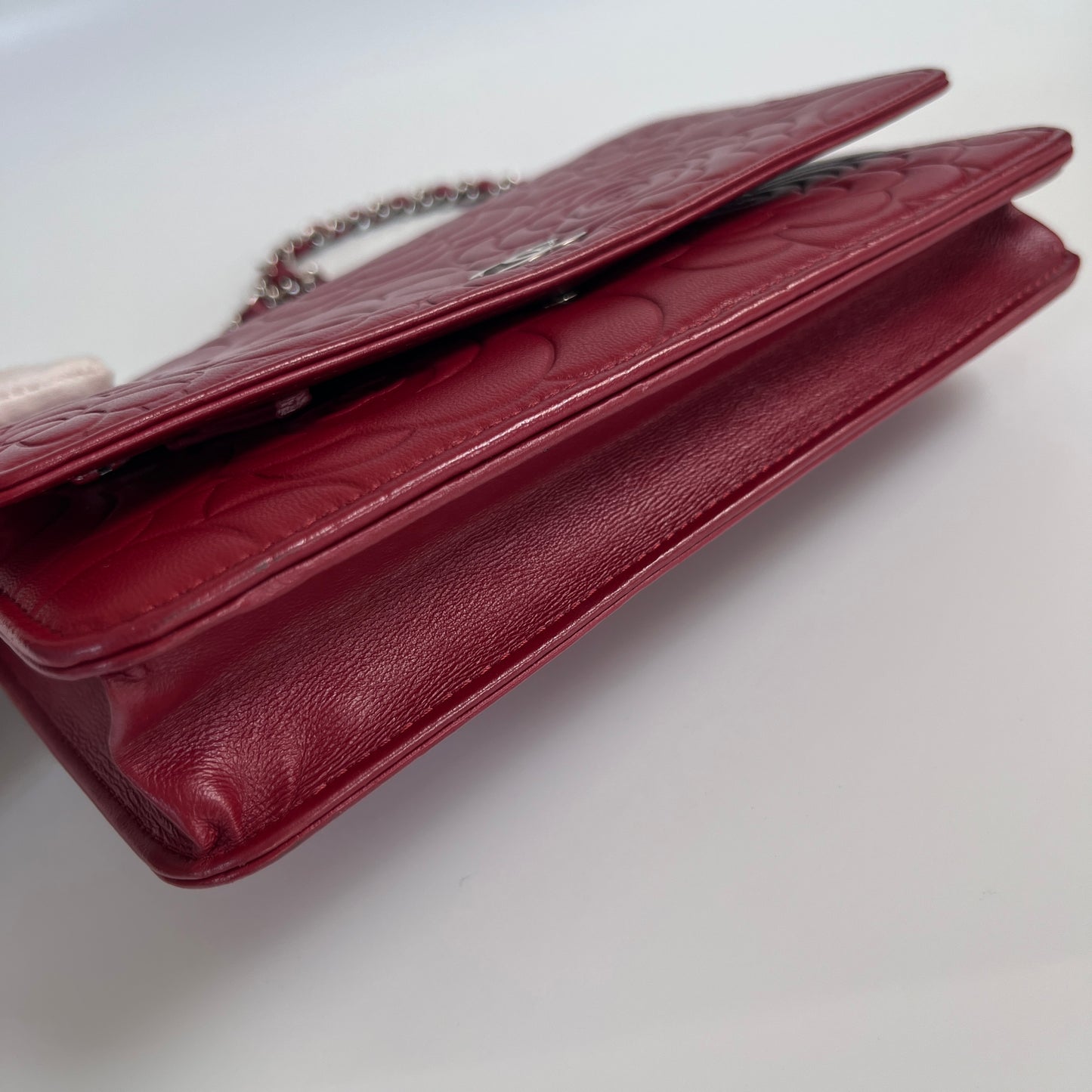 Chanel Red Camellia Lambskin Wallet On Chain