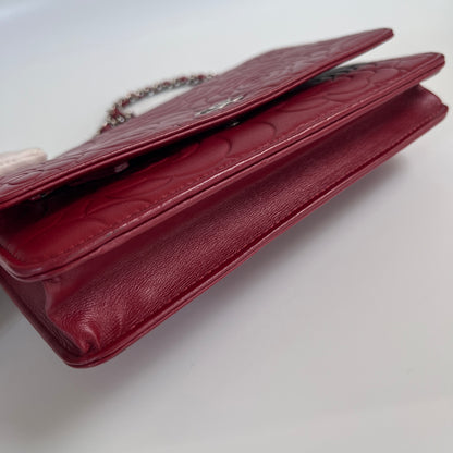 Chanel Red Camellia Lambskin Wallet On Chain