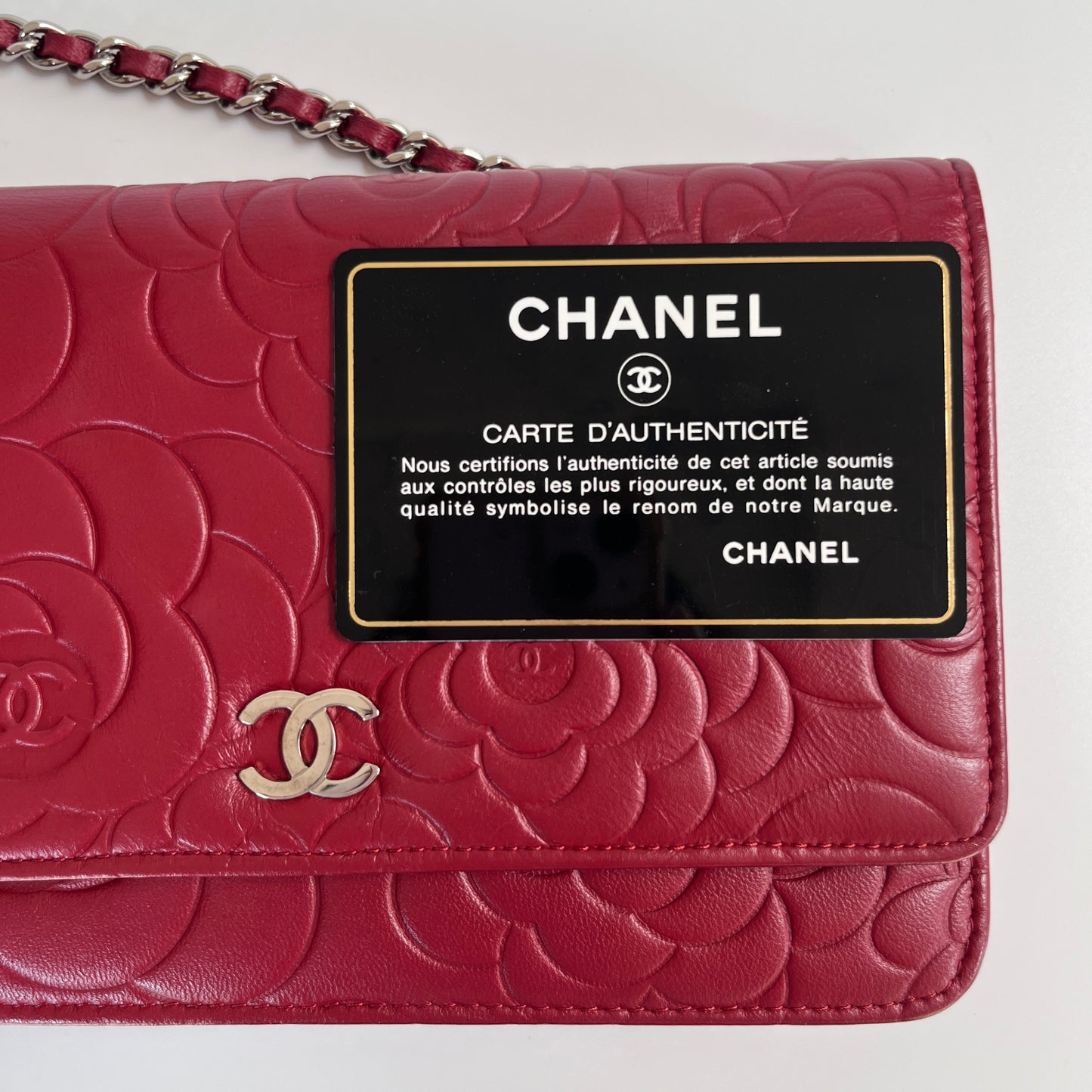 Chanel Red Camellia Lambskin Wallet On Chain
