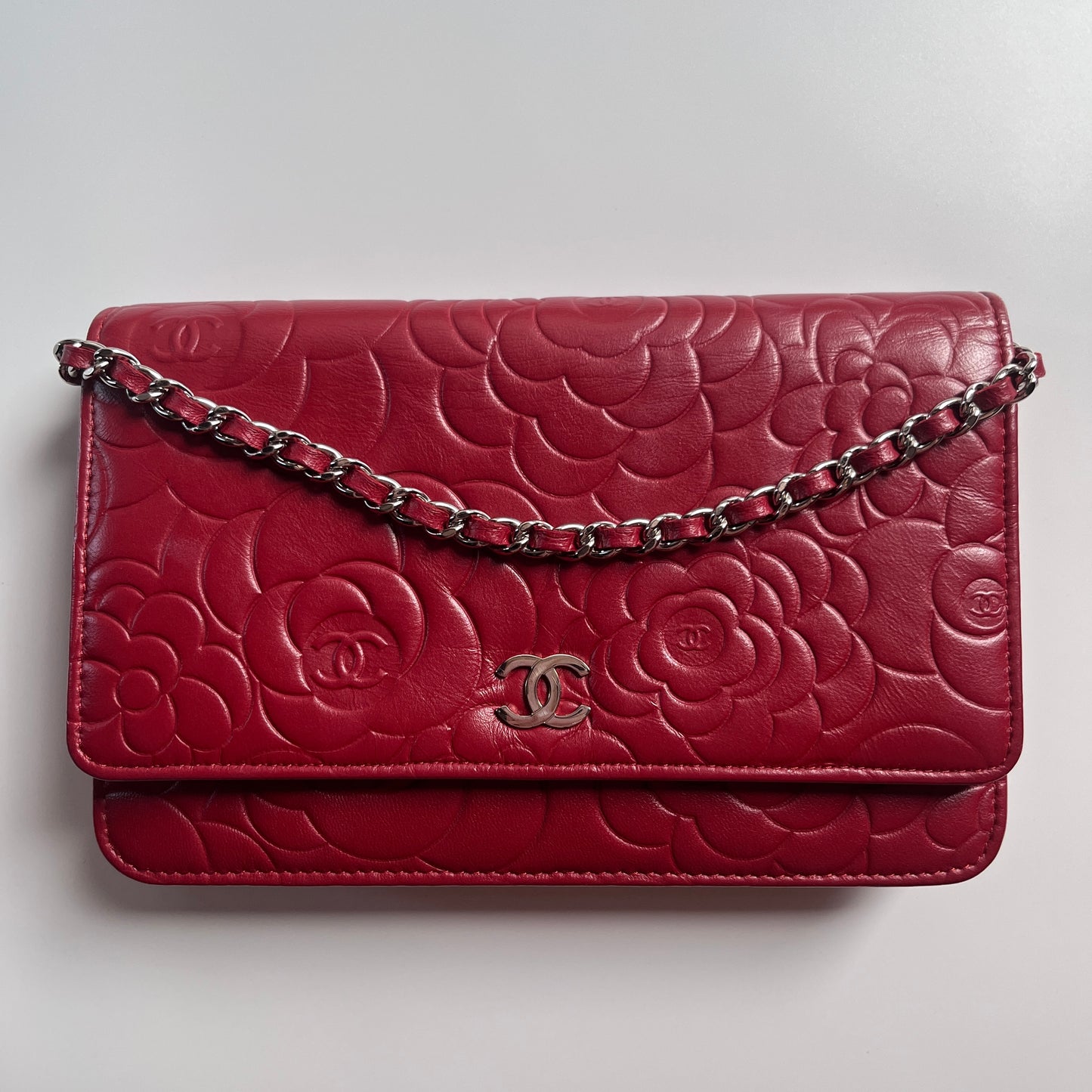 Chanel Red Camellia Lambskin Wallet On Chain