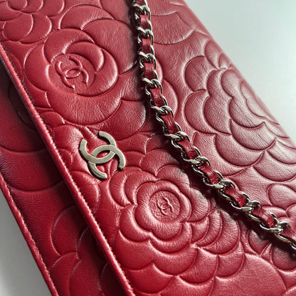 Chanel Red Camellia Lambskin Wallet On Chain