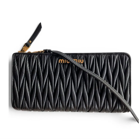 Miu Miu black matelasse leather wallet on strap
