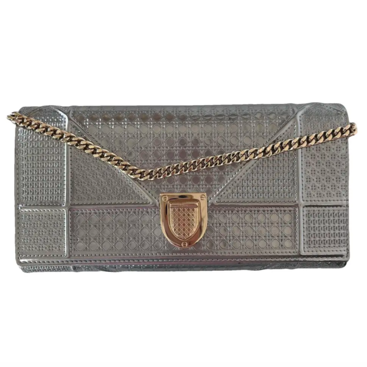 Christian Dior Diorama Metallic Silver Patent Wallet On Chain
