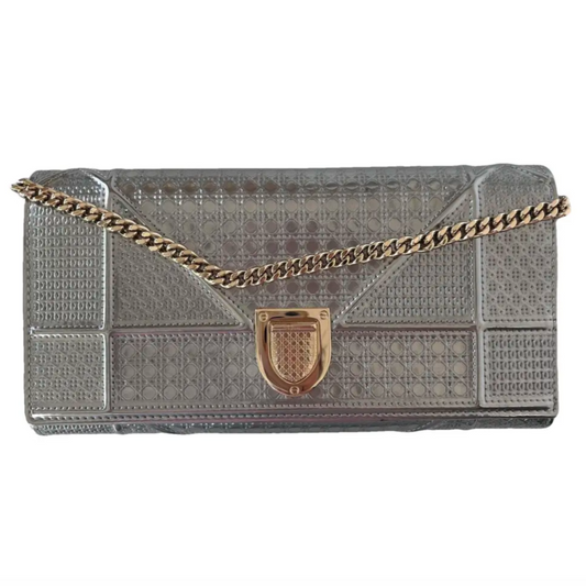 Christian Dior Diorama Metallic Silver Patent Wallet On Chain